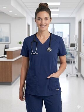 Grey’s Anatomy by Barco Spandex Stretch Scrub Top Women's L Navy Blue